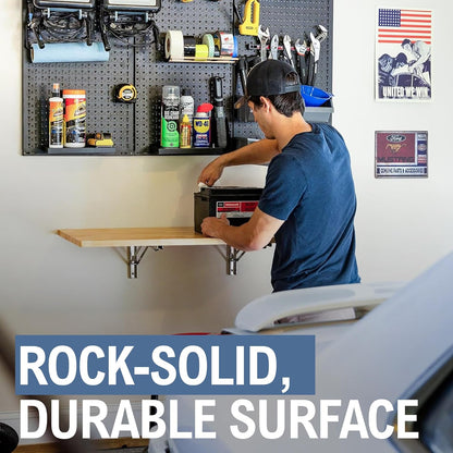 StoreYourBoard Wandmontage opvouwbare werkbank, garage en huis industriële kwaliteit massief houten tafelblad, houdt 200 lbs