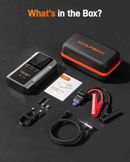 WOLFBOX 4000A Jump Starter met 160PSI luchtcompressor, 12V auto-accubooster, 65W snel opladen, 24000mAh draagbare bandenpomp, LED-display voor 10L gas- en 10L-dieselmotoren, LED-licht, jumperkabels