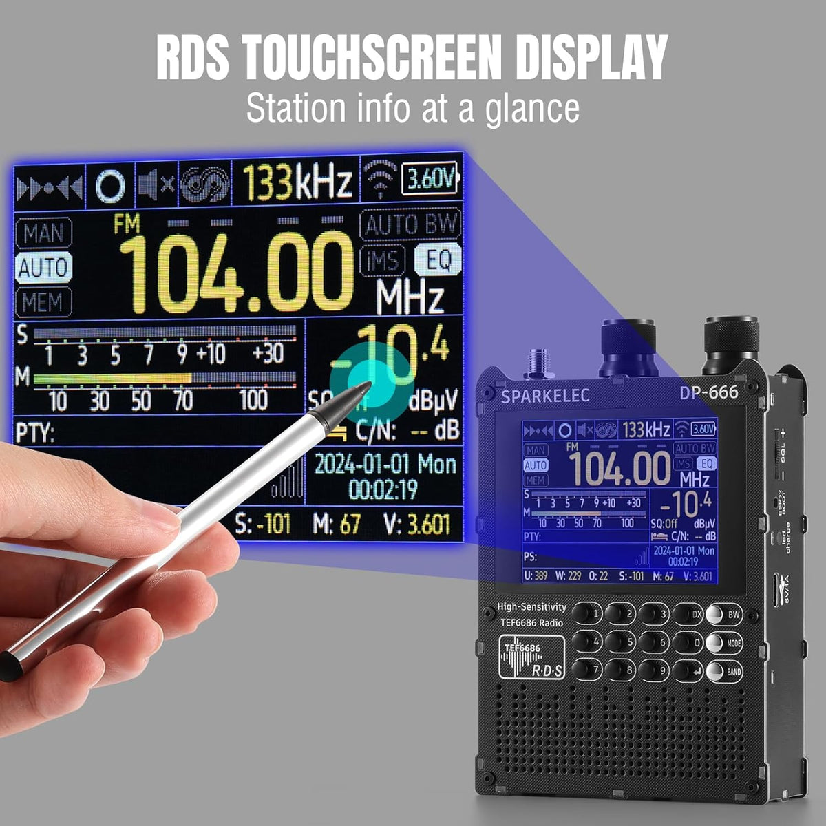 Raddy DP-666 DSP Wereldbandradio TEF6686 Chip, Professionele AM/FM/LW/MW/SW RDS Ontvanger, 2,8" Touchscreen + Stylus, 5000mAh Batterij, Telescoop- & Donut-antenne, Draagbaar met FW-update