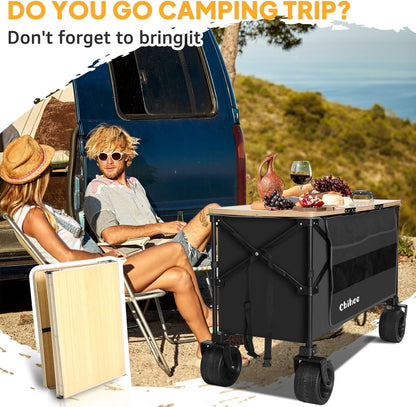 Chihee Opvouwbare tuinwagen, strandwagen, opvouwbaar, grote capaciteit, 220 l, draagbare trolley met wielen voor alle terreinen, met oversized tas, 1 bureau, opvouwbaar, 2 drankhouders