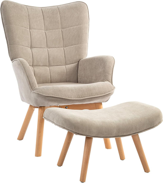 HOMCOM Ohrensessel with footstool, lounge chair, armchair with wooden legs, TV chair for living room, brown - QUORE