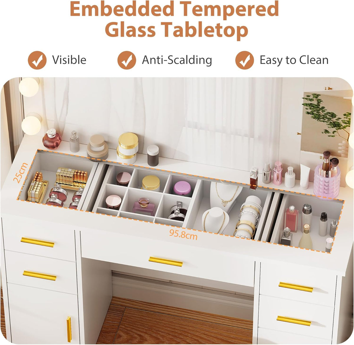 ANWBROAD Large Dressing Table with 3 Adjustable LED Lights and Socket, Modern Vanity Table with Mirror, Dressing Table with Glass Top, 7 Drawers, White 140 x 110 x 40 cm BDT83W - QUORE