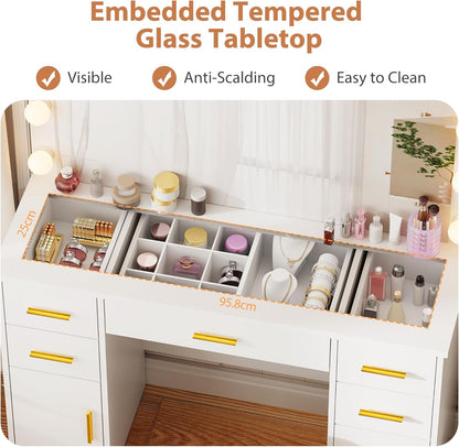 ANWBROAD Large Dressing Table with 3 Adjustable LED Lights and Socket, Modern Vanity Table with Mirror, Dressing Table with Glass Top, 7 Drawers, White 140 x 110 x 40 cm BDT83W - QUORE