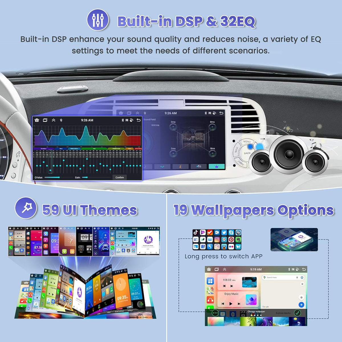 8 Noyau/4G+64G/DSP Autoradio Android pour Fiat 500 2007-2015 Blanc avec CarPlay Android Auto Sans Fil, 7" écran Tactile avec BT GPS WiFi RDS FM USB 59UI+Caméra de Recul+MIC