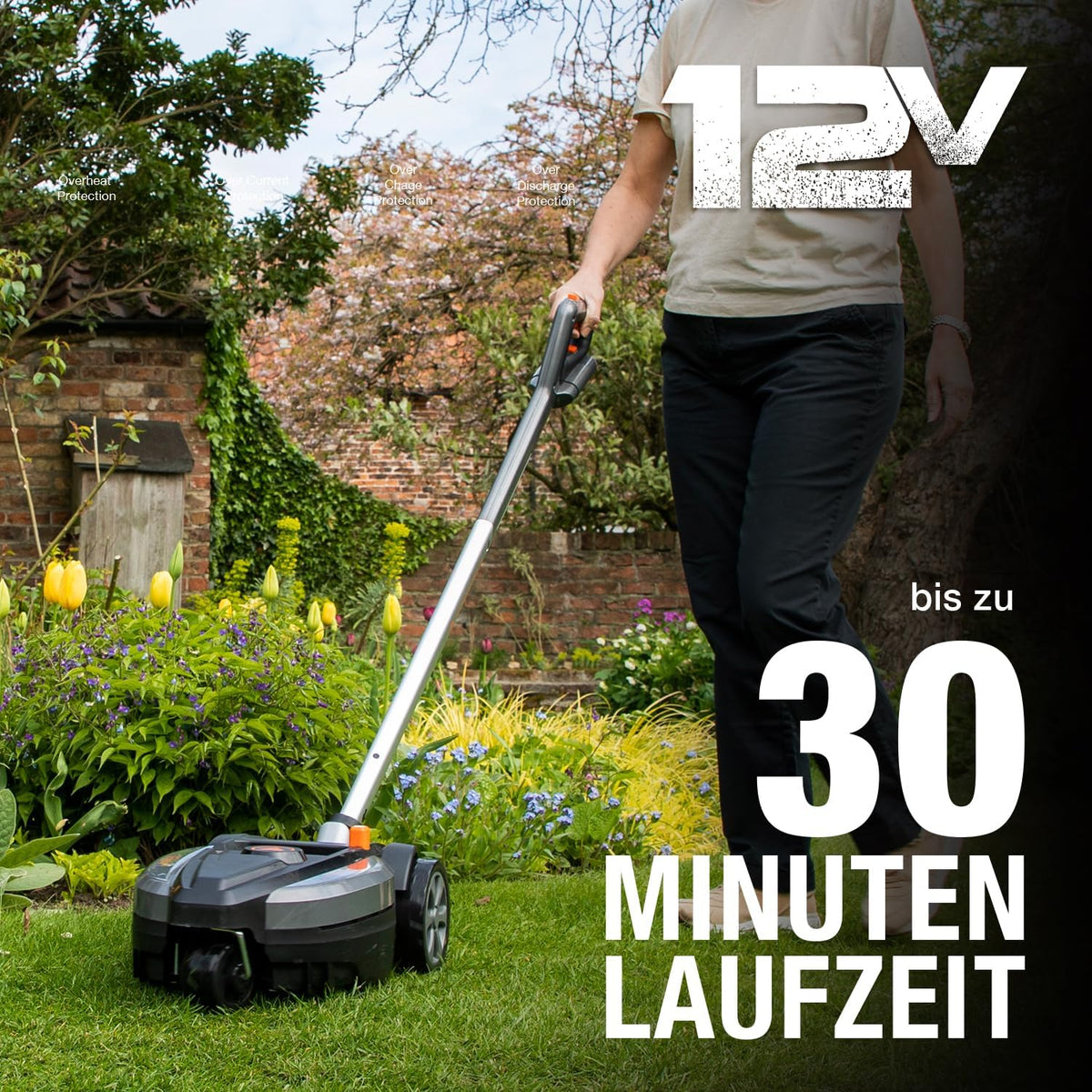 Accu Grasmaaier – Elektrische Grasmaaier – Batterij Grasmaaier – Compacte Grasmaaier – Stadsgrasmaaier – 23 cm Maaibreedte – 12V Lithium-Ion Accu met 3 Maaihoogtes