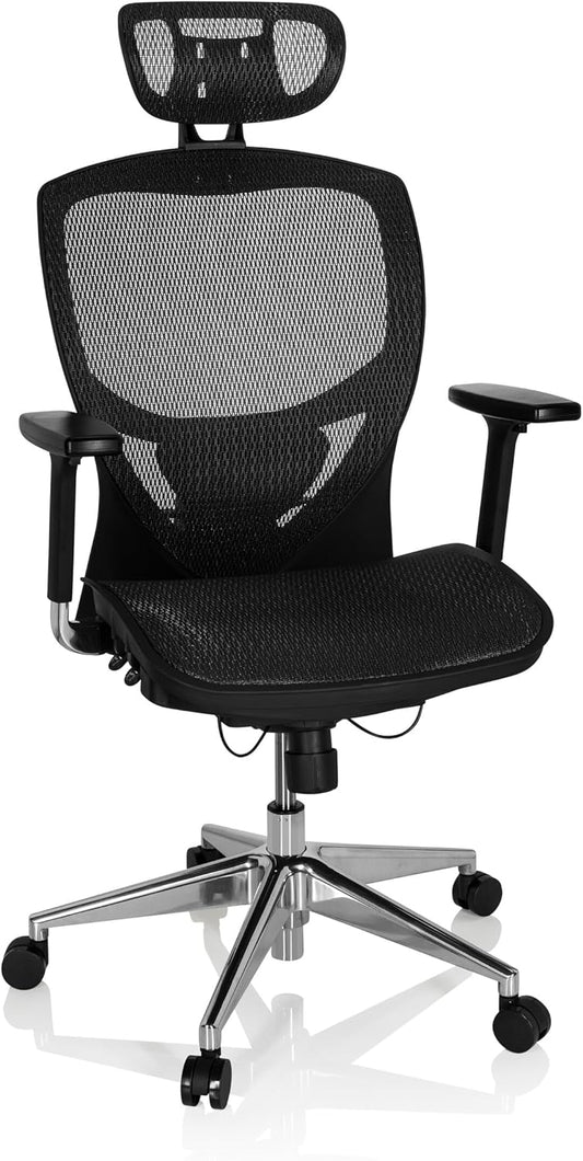 hjh OFFICE 657000 bureaustoel, directiestoel, VENUS ONE netstof, zwart, ergonomische flexibele lendensteun, hoog zitcomfort, draaistoel, ergonomisch, verstelbare armleuningen, bureaustoel