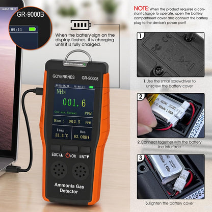Ammoniak-gasdetector, draagbare NH3-gasdetector met alarm, temperatuur, luchtvochtigheid, digitale ammoniak-continue bewakingssensor, bereik 0-100 ppm, lcd-scherm, oplaadbaar, geschikt voor