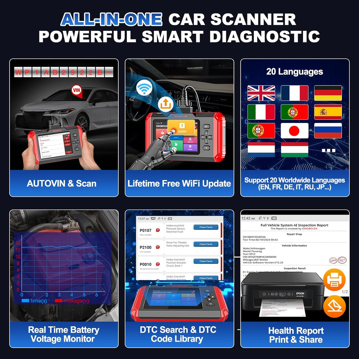 KINGBOLEN S800 OBD2 Codelezer, MOTOR, ABS, SRS, AT 4 Systeem Auto Diagnostische Scan Tool, OBD2 scanner met 15 Reset Service, Auto VIN, 16G ROM (Ondersteunt 256G Uitbreiding), Levenslange Gratis