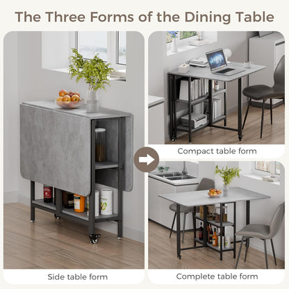 Mondeer Mobiele opvouwbare eettafel, klaptafel met 2 open opbergplanken voor kleine ruimtes, eetkamer, keuken, 120 x 80 x 75 cm, grijs