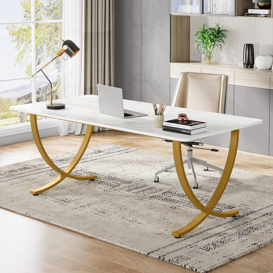 Tribesigns Desk, Computer Table, 160 x 80 x 75 cm, Modern PC Table, Work Table, Dining Table with Artificial Marble Tabletop and Metal Legs for Home Office, Conference Table, White and Gold