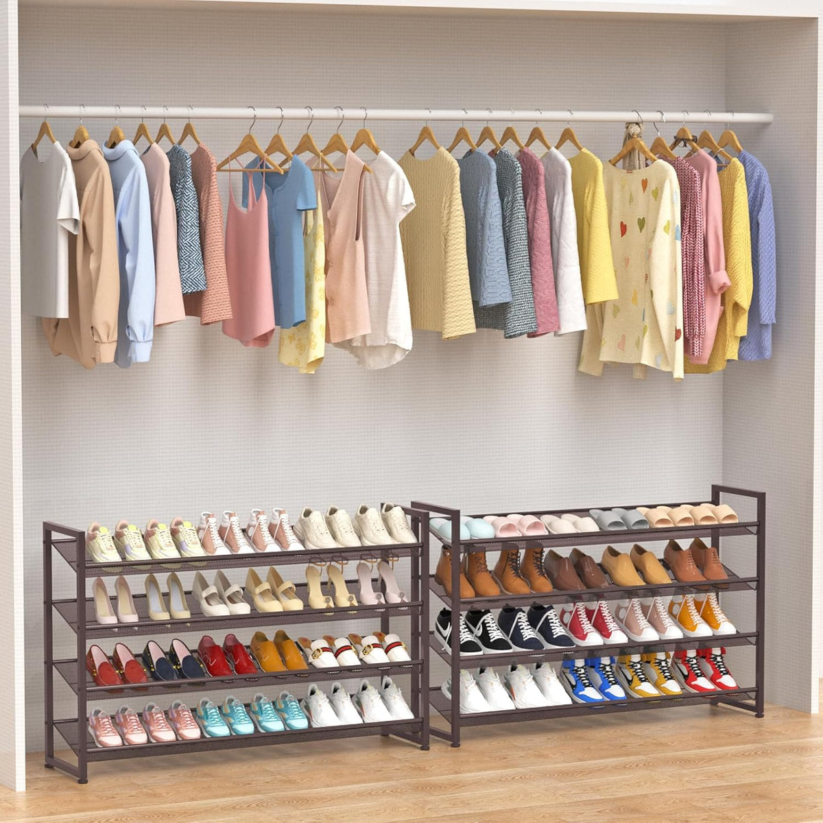 Large Shoe Rack with 8 Levels, Shoe Organizer, Robust Metal 4-Tier Stackable Shoe Rack for Cabinet Entrance, Up to 50 Pair, 114cm W x 29cm D x 143cm H, Bronze - QUORE