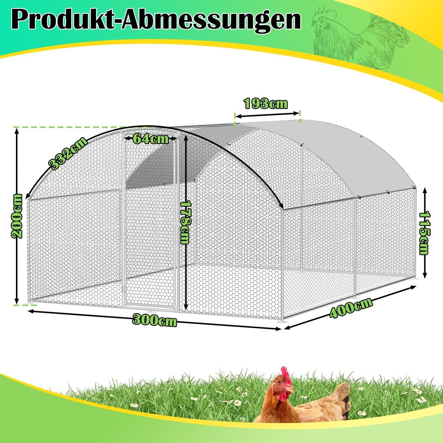 Chicken Coop 3 x 4 x 2 m, Metal Free Wheeling, Small Animal Cage, Aviary with Roof Tarpaulin, Pet Run for Chickens, Poultry, Small Animals, Bow Attachment - QUORE