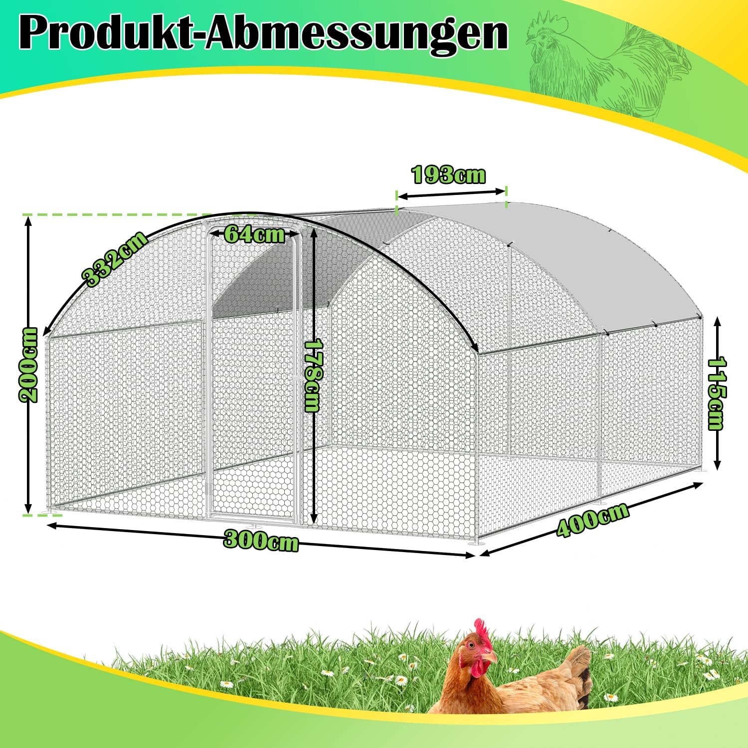 Chicken Coop 3 x 4 x 2 m, Metal Free Wheeling, Small Animal Cage, Aviary with Roof Tarpaulin, Pet Run for Chickens, Poultry, Small Animals, Bow Attachment - QUORE