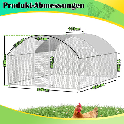 Chicken Coop 3 x 4 x 2 m, Metal Free Wheeling, Small Animal Cage, Aviary with Roof Tarpaulin, Pet Run for Chickens, Poultry, Small Animals, Bow Attachment - QUORE