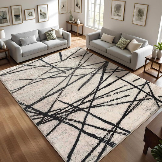 Vloerkleed Voor Woonkamer, Artistiek Bohemian Tapijt, Slaapkamer, Zacht, Modern, Beige, Laagpolig, Abstract, Lineair Geometrisch Patroon, Antislip (200 x 300 cm)