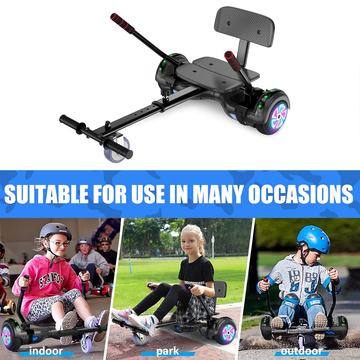 Hoverboard met zitting, 6,5 inch hoverboard met twee wielen met Bluetooth-luidspreker en kleurrijke lichten, zelfbalancerende scooter voor kinderen (inclusief Go-Kart inbegrepen)