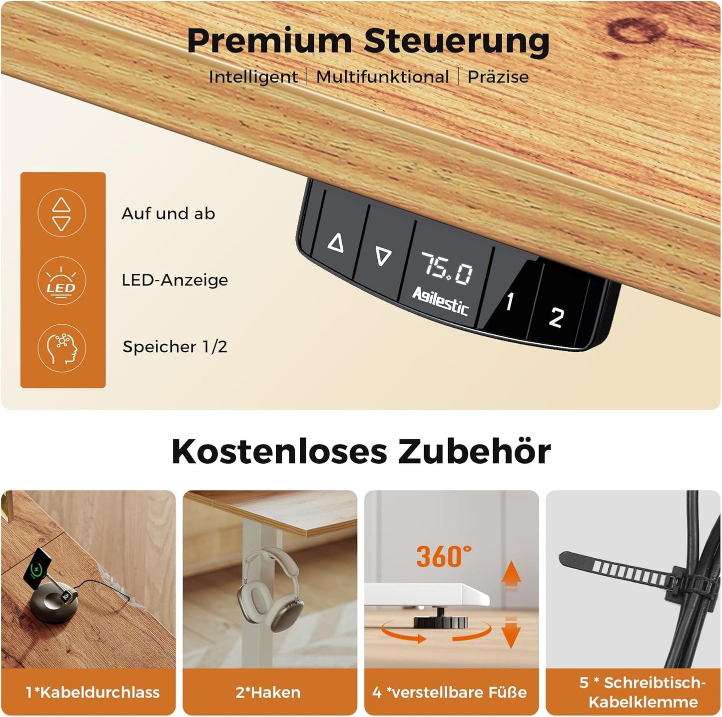 Agilestic Elektrisch sta-bureau 150 cm in L-vorm, in hoogte verstelbaar om thuis staand of zittend te werken, ergonomisch computerbureau, lichtbruin