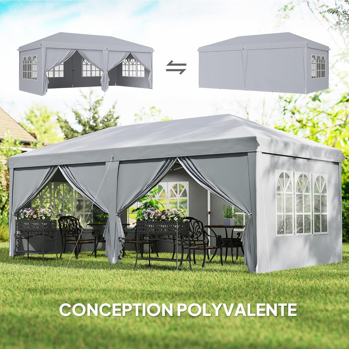 Outsunny Garden Gazebo Foldable 6 x 3 m Outdoor Gazebo Foldable Waterproof 4 Removable Side Walls 4 Windows + Carry Bag Light Grey