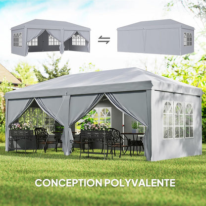 Outsunny Garden Gazebo Foldable 6 x 3 m Outdoor Gazebo Foldable Waterproof 4 Removable Side Walls 4 Windows + Carry Bag Light Grey