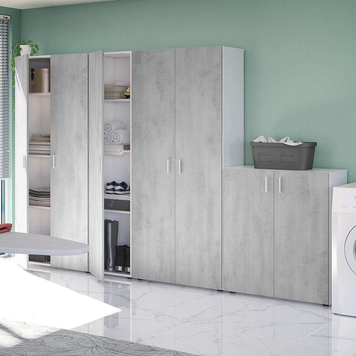 Habitdesign Multifunctionele kast met 2 deuren, afdekkast, wit artik en cement, afmetingen: 80 cm (breedte) x 182 cm (hoogte) x 37 cm (diepte)