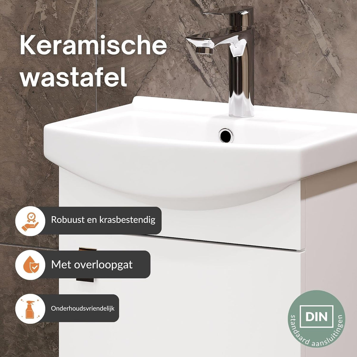 Planetmöbel Bathroom Cabinet Set Wash Basin with Bath Furniture 45 x 60 x 33 cm, Mirror with Lighting 50 x 90 cm, 2X Midi Cabinets for Bathroom & Guest Toilet, White - QUORE