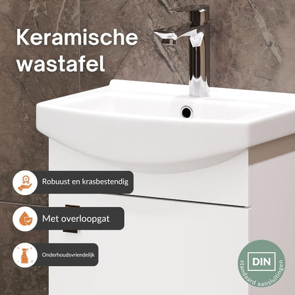 Planetmöbel Bathroom Cabinet Set Wash Basin with Bath Furniture 45 x 60 x 33 cm, Mirror with Lighting 50 x 90 cm, 2X Midi Cabinets for Bathroom & Guest Toilet, White - QUORE