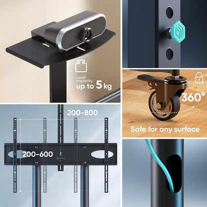 Verrijdbare TV-Standaard Zwart – TV-Stand Met Wielen, TV-Wagen, TV-Voet, Vloerstandaard – 55-90 Inch, Tot 75 Kg – In Hoogte Verstelbaar