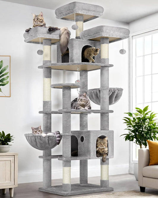 Globlazer Cat Tree XXL 209cm with 3 Seat Rod Cushioned, 2 Cat House, Large Platform, 2 Basket, Plush Toys, Luxury Cat Tree Large Stable for 3-5 Cats Rest Play Indoor (F82, Light grey) - QUORE