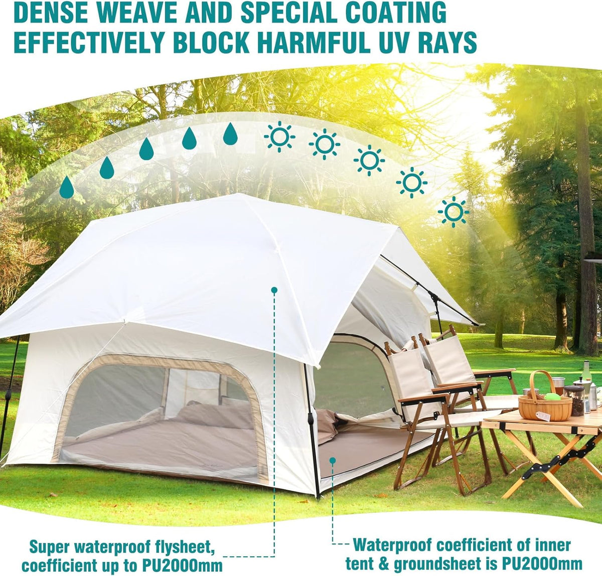 Chihee Campingtent, pop-up tent, familiekabinetent met luifel, veranda, 2-persoons, outdoortent met scherm, grote capaciteit, waterdicht en winddicht, eenvoudige montage, wandelen