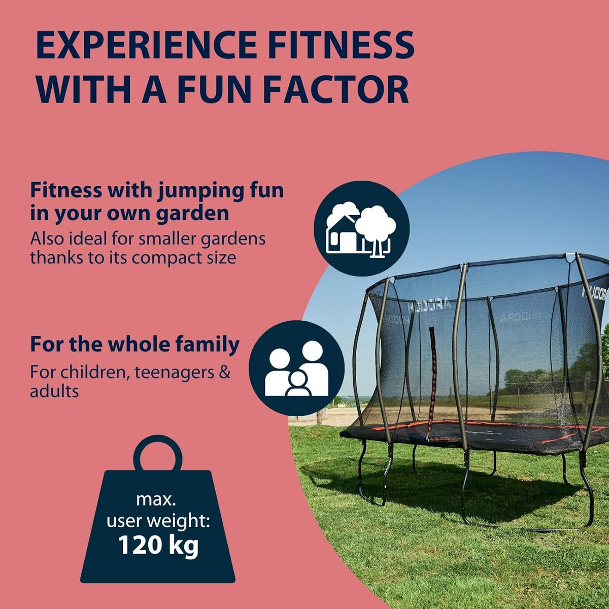 HUDORA Trampoline 4square – 244 x 366/215 x 305 cm grote, rechthoekige outdoor trampoline – rechthoekige sporttrampoline voor maximaal 120 kg – familietrampoline met hoge veerkracht – hoogwaardige