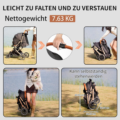 EchoSmile Opvouwbare hondenwagen, hondenbuggy tot 20 kg, voor kleine middelgrote honden en katten, hondenbuggy en kattenwagen met omkeerbare handgreep, schokdemping en afneembaar wasbaar kussen (zwart
