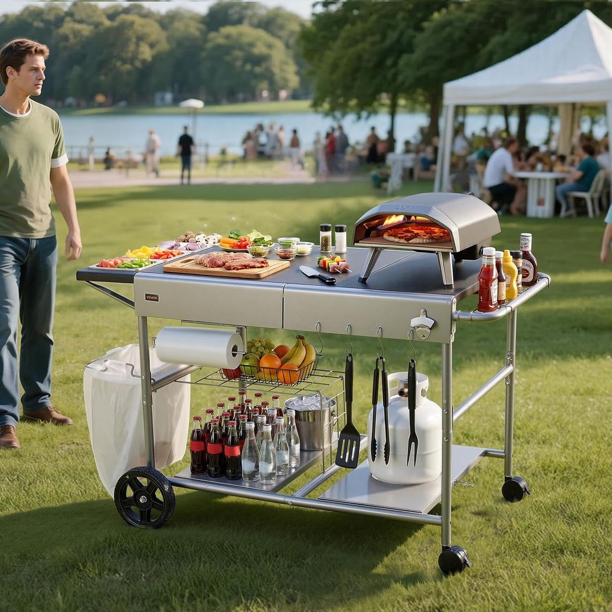 VEVOR Barbecuewagen voor buiten, 925 x 595 x 25 mm (tafelbladgrootte), oprolbare grilltafel met 4 kruidenbakjes & wielen en deksels en haken, barbecue-bereidingstafel, serveerwagen voor picknickkeuken