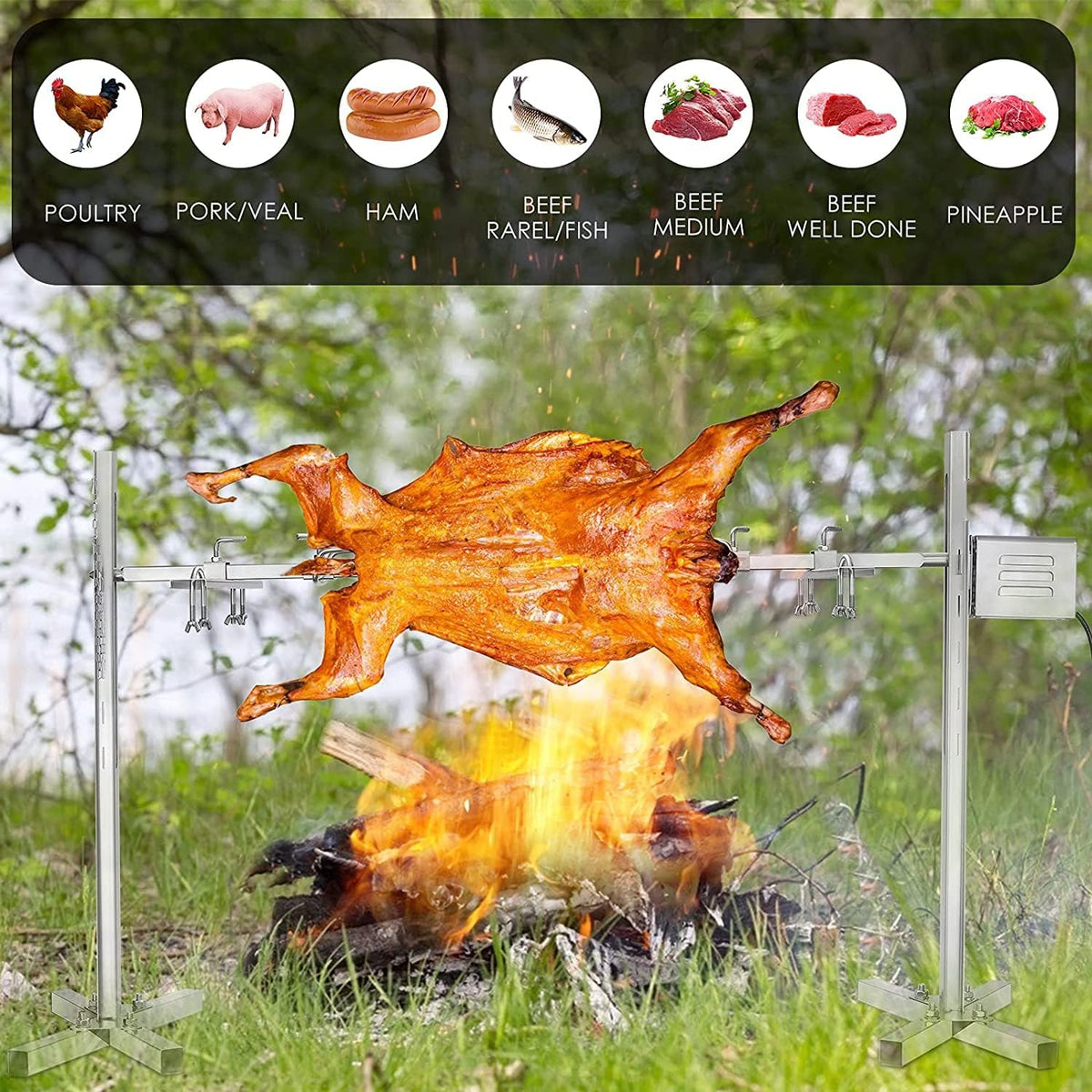 Mechoui Draaispies, 15 W, elektrisch, roestvrij staal, 70 kg, in hoogte verstelbaar, voor melkkvarken, barbecue met motor, draagbaar, koken in de open lucht, camping, wandelen