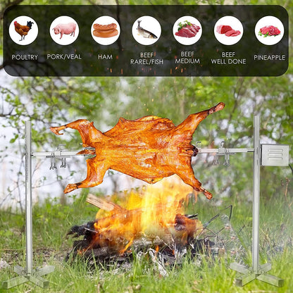 Mechoui Draaispies, 15 W, elektrisch, roestvrij staal, 70 kg, in hoogte verstelbaar, voor melkkvarken, barbecue met motor, draagbaar, koken in de open lucht, camping, wandelen