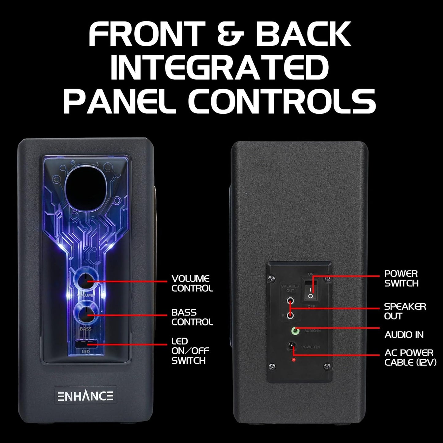 ENHANCE SB 2.1 Computerluidspreker met subwoofer – blauwe led-gamingluidspreker, high-excursion-geluidssysteem, AC-voeding, volume- en basregeling, compatibel met gaming-pc, desktop, laptop