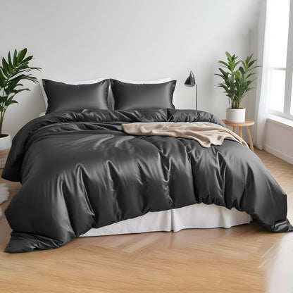 Linenwalas Beddengoedset van 100% bamboe, 4-delige set, zeer zacht, koel, perfect voor huisverzorging, 1 dekbedovertrek, 1 hoeslaken en 2 kussenslopen, kingsize, houtskoolgrijs