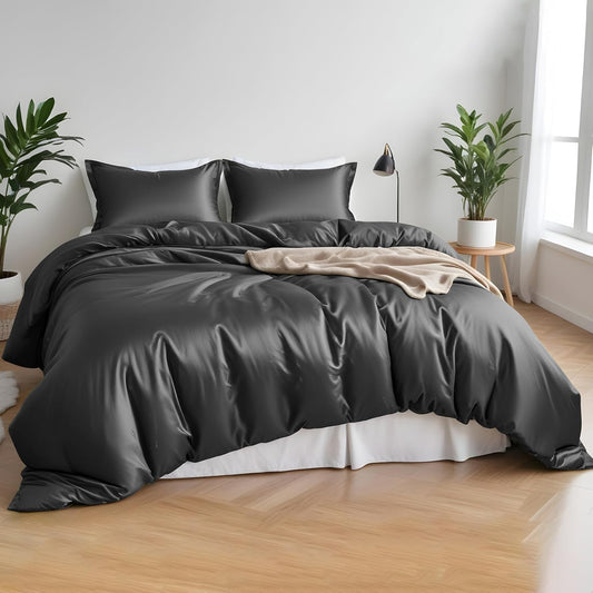 Linenwalas Beddengoedset van 100% bamboe, 4-delige set, zeer zacht, koel, perfect voor huisverzorging, 1 dekbedovertrek, 1 hoeslaken en 2 kussenslopen, kingsize, houtskoolgrijs