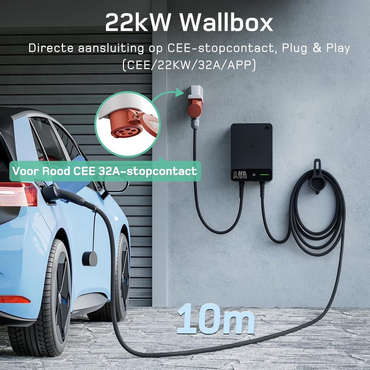 Wallbox 22 kW – EV Oplader – Laadstation Elektrische Auto – Type 2 Laadpunt – 3-Fase Lader – 10 Meter Kabel – Instelbare Laadstroom – Type B Aardlekschakelaar – IP54 Waterbestendig
