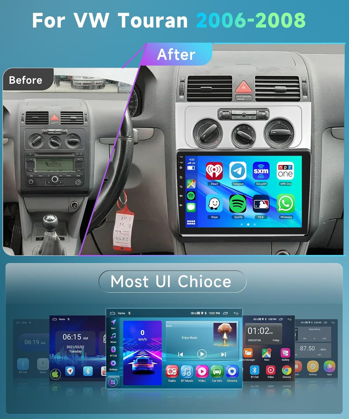 2G & 64G Podofo 10.1 '' Autoradio voor VW Touran 1 2003-2010 Draadloos Carplay Android Auto, Android 13 Radio 2 Din met Bluetooth WiFi GPS HiFi RDS/FM + AHD Achteruitrijcamera/Canbus