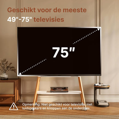 Easel TV standaard met wielen voor 49 tot 75 inch tv tot 40 kg, Easel Design met metalen structuur en houten plank, beweegbare tv-standaard op wielen voor winkel, kantoor, school, huis