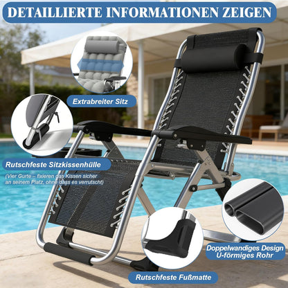 Fiutazge 83 cm, ultrabreed, zonnebed, inklapbaar, met kussen, bekerhouder en hoofdkussen, tuinligstoel met verstelbare rugleuning, ademend, voor zwembad, tuin, terras, grijs