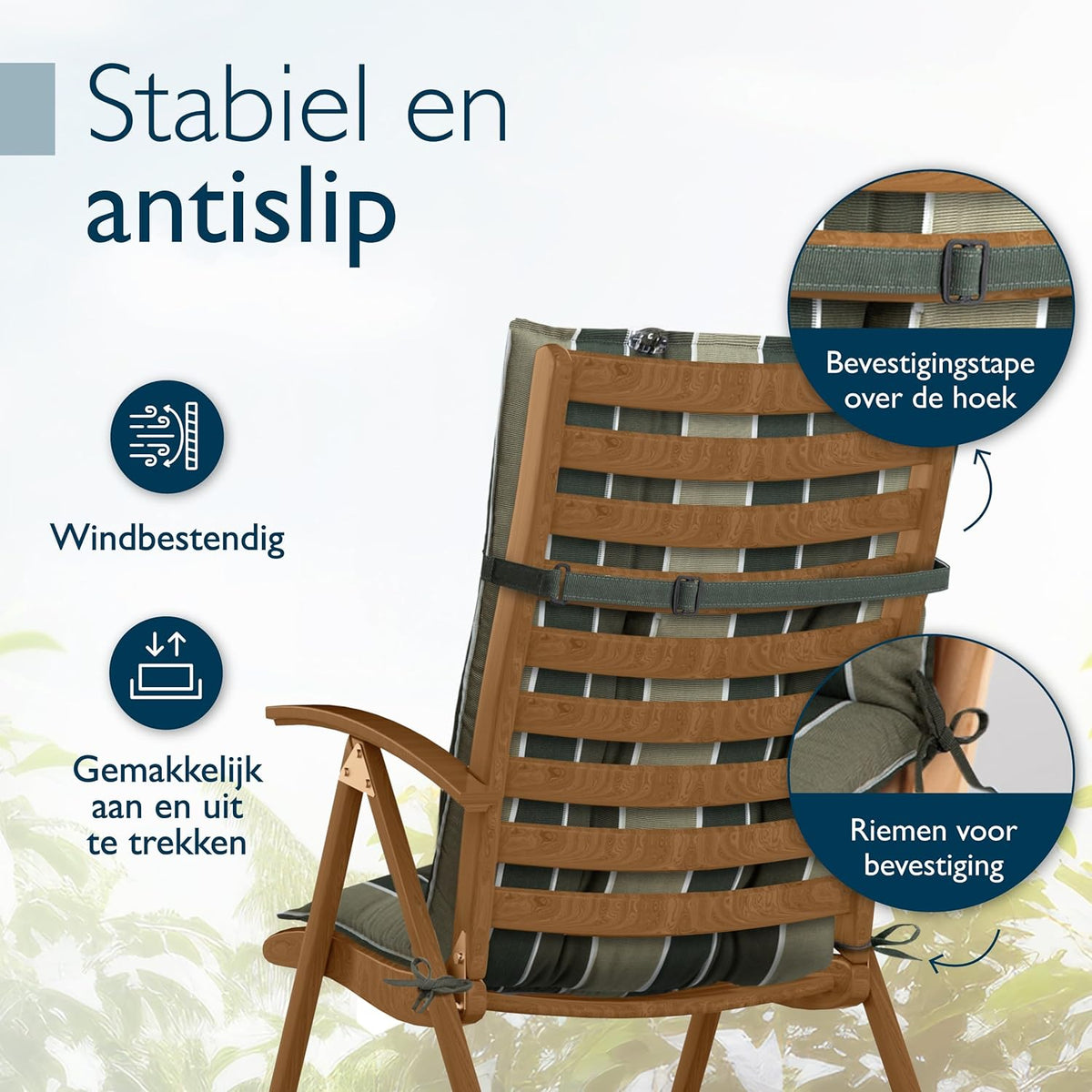 Beautissu Set van 4 Premium Hoge Rugleuning Kussen met Hoofdkussen 120x50 cm Sun-HL – UV-bestendig & 8cm Dik Kussen Tuinstoelkussen Antislip Bevestigingsbanden – Stevige Stof Groen Gestreept