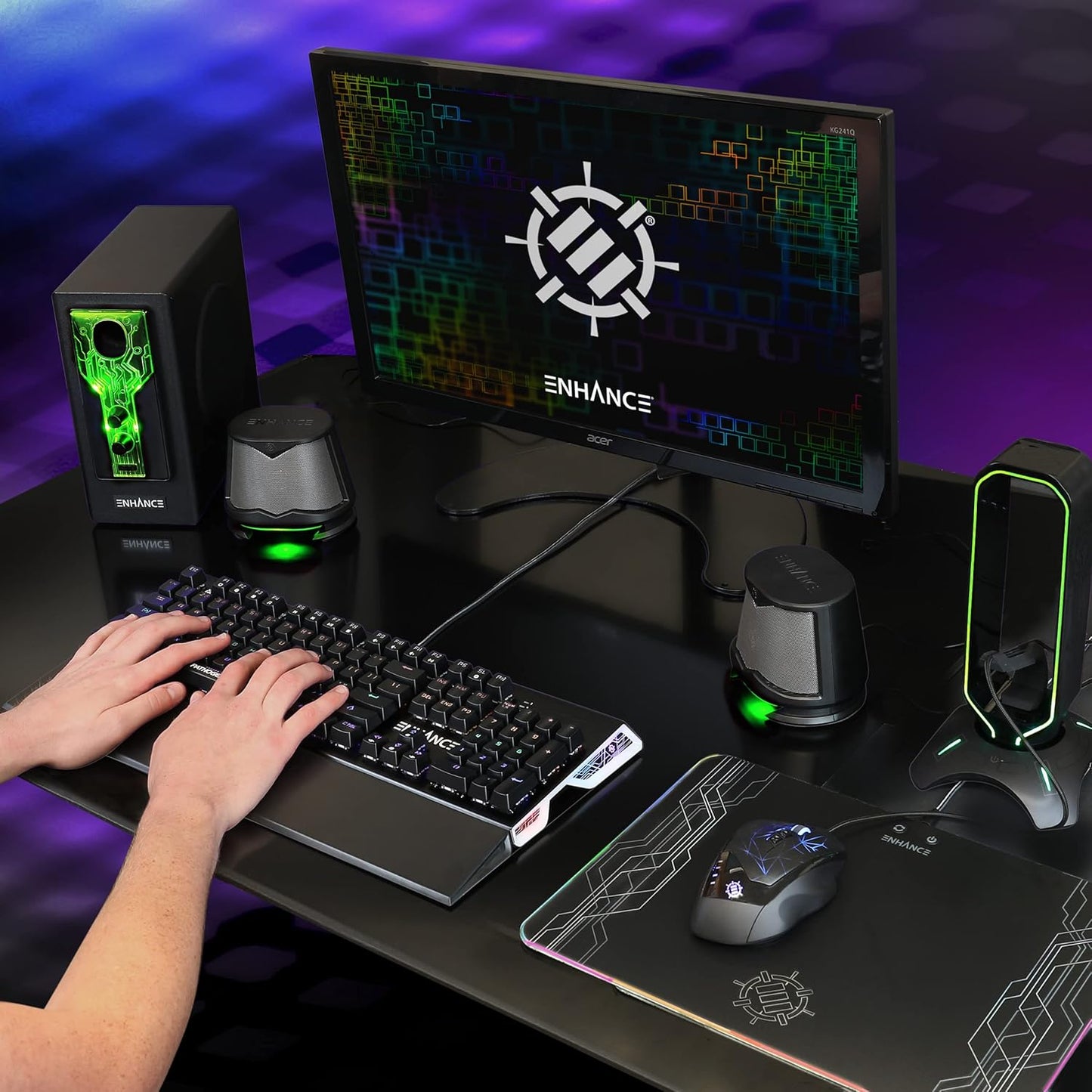 ENHANCE SB 2.1 Computerluidspreker met subwoofer – groene led-gamingluidspreker, high-excursie-geluidssysteem, AC-voeding, volume- en basregeling, compatibel met gaming-pc, desktop, laptop