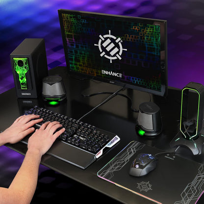 ENHANCE SB 2.1 Computerluidspreker met subwoofer – groene led-gamingluidspreker, high-excursie-geluidssysteem, AC-voeding, volume- en basregeling, compatibel met gaming-pc, desktop, laptop