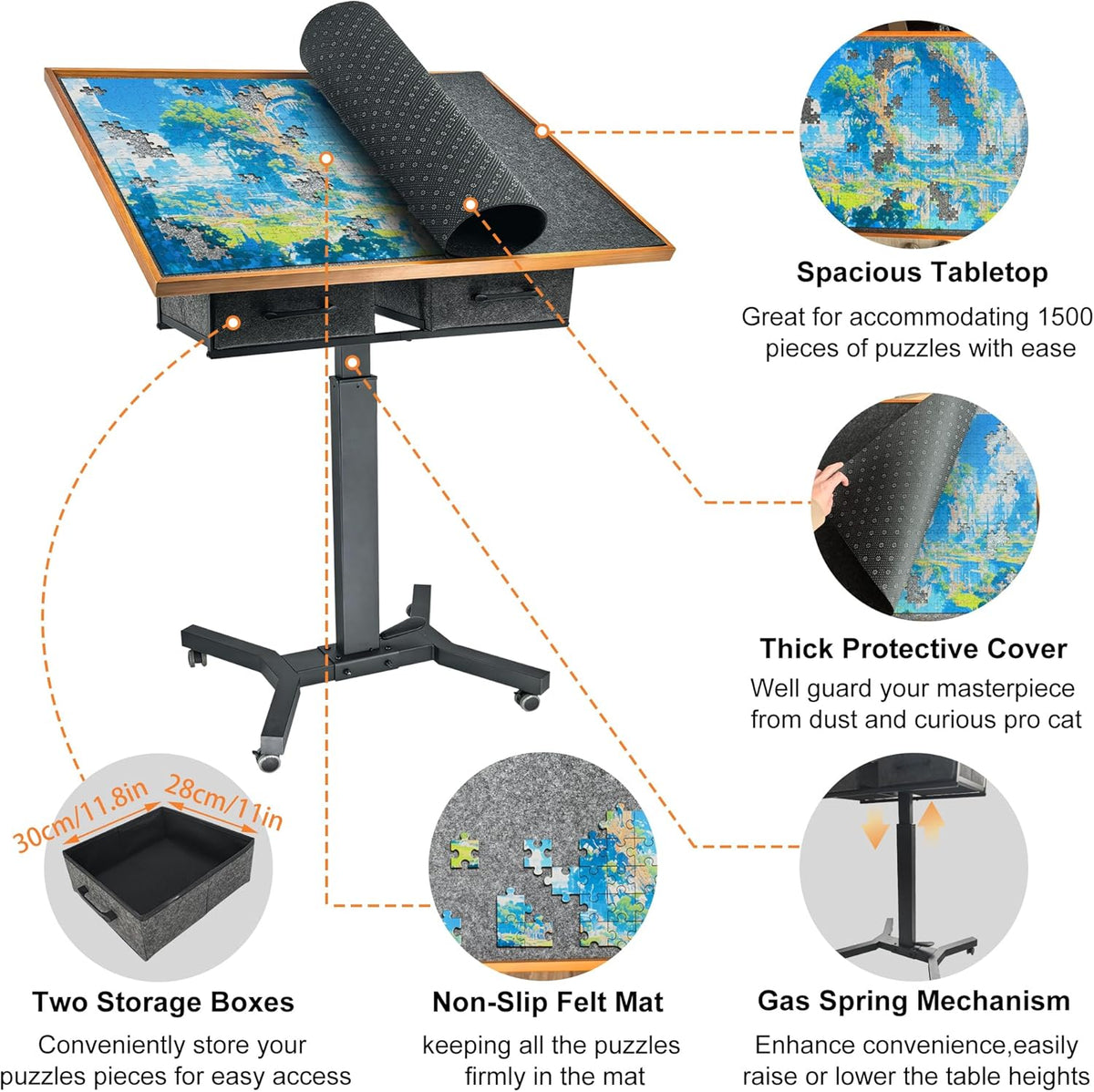 FATIVO Puzzle Table, 1500 Pieces, Height Adjustable with Wheels 70 x 90 cm, with 2 Fabric Drawers, Mobile Puzzle Board 74-98 cm, for Adults, Puzzle Board, Adjustable Angle, Black, Brown - QUORE