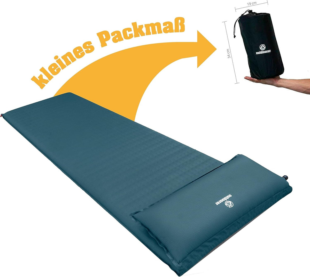 outdoorer XXL Trek Bed Flex Isolatiemat, echte zelfopblaasbare slaapmat met kussen, trekkingmat en campingmat met hoge isolatie tot -11 °C, antislip en waterdichte bodem