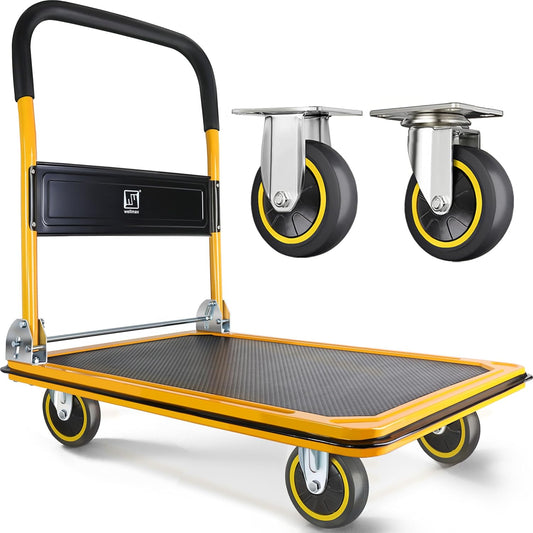Opvouwbare Platformwagen – Trolley – Transportwagen – Handwagen – Verhuiswagen – Geel – Draagkracht Tot 299 Kg – 360° Draaibare Achterwielen