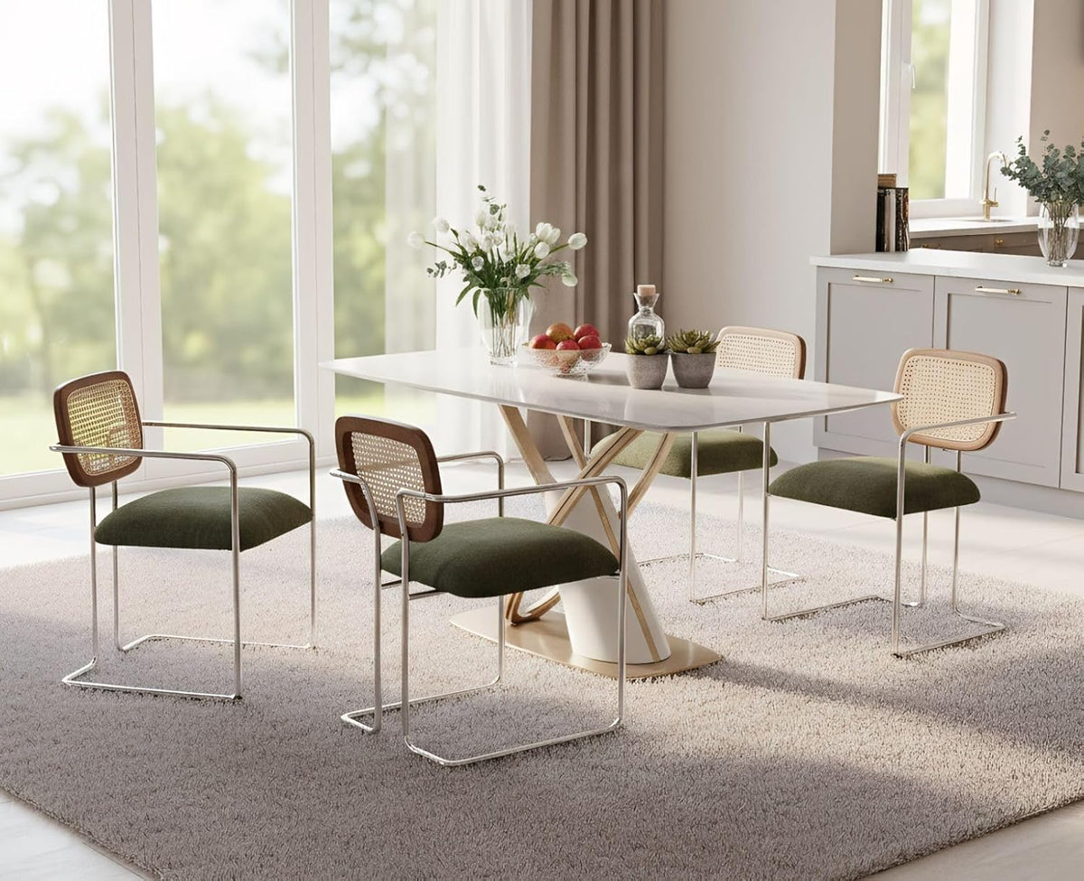 chairus Upholstered Dining Chairs Set of 2 Kitchen Accent Chairs with Rattan Backrest Modern Linen Armchair (Green) - QUORE
