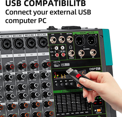 12-Kanaals Audio Mengpaneel – Mixer, Soundboard, Console, Audiomixer – Bluetooth, USB & 99 Reverb Effecten – 48V Fantoomvoeding