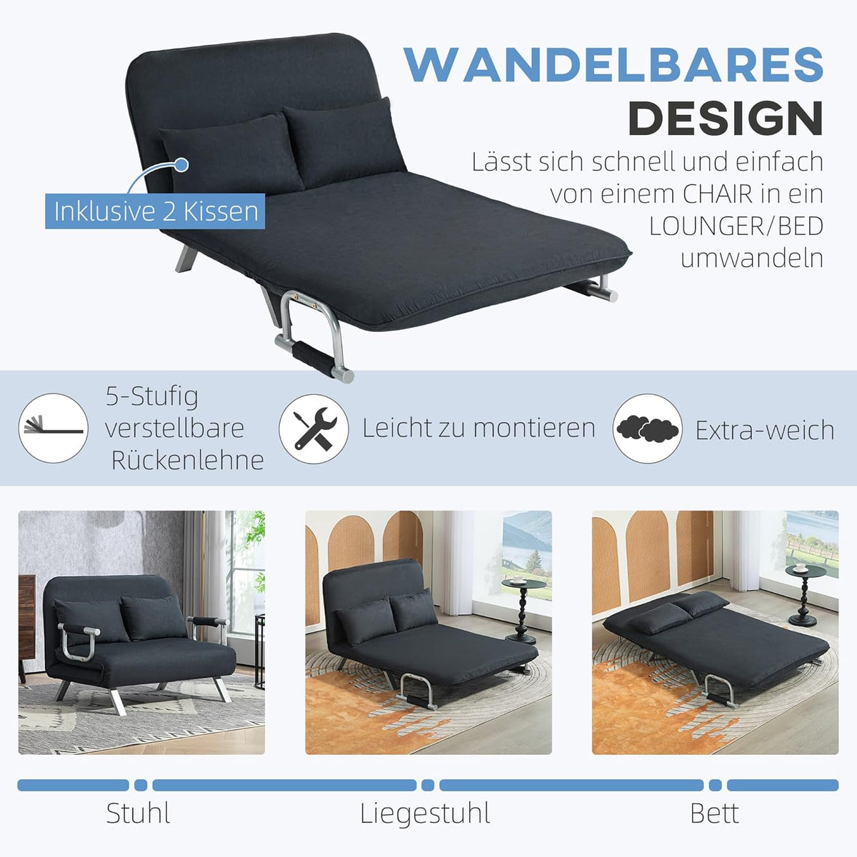 3-in-1 Slaapbank – Slaapbankje – Bedbank – Zetelbed – Slaapzetel – Verstelbare Rugleuning 5-standen – Compact 185x105 cm Fluwelen Bekleding